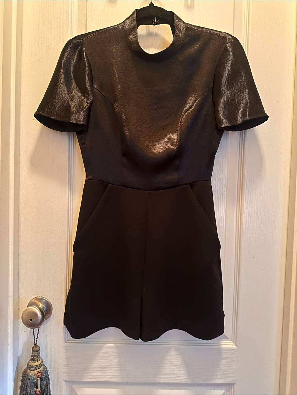 BCBGeneration Black Short-Sleeve Satin-Top Romper